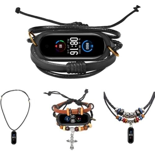 Leather+Braided Rope Bracelet For Xiaomi Mi Band 5 Wrist Strap Replacement Watch Bands Necklace Rope For Mi Band 5 Accessories