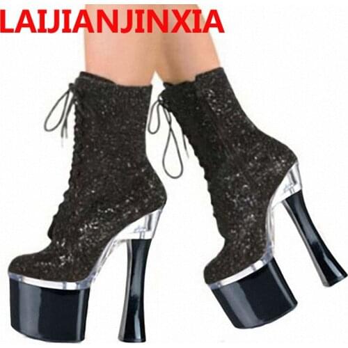 LAIJIANJINXIA Party Night Club 18cm arrived sexy ladies Ultra high heel shoes PU leather women ankle boots Dance shoes C-003