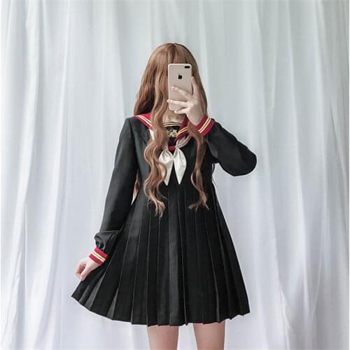 Cute Marine Sailor Uniform Lolita Short Dress Short Long Sleeve Anime Princess Doll Clothing For Kawaii Girls Japanese Navy Blue