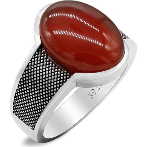 To Husband Gift 925 Sterling Silver Red Agate Ring for Men Big Natural Stone Finger Rings Vintage Punk Jewelry for Male Boys