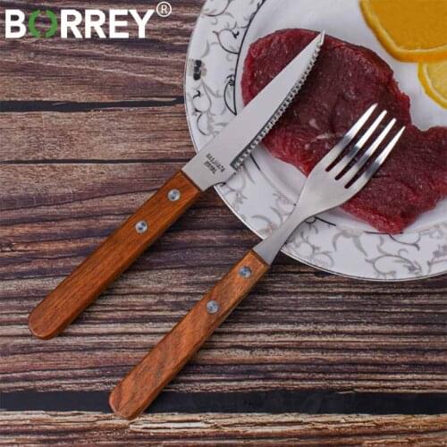 BORREY 2Pcs/Set Stainless Steel Dinner Sets With Wooden Handle Steak Knife And Fork Set Metal Cutlery Flatware Set Classic