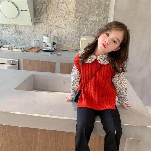 Girls korean style solid color sweater vest Spring Autumn Sweet children Knitted Waistcoats kid fashion sweater tops