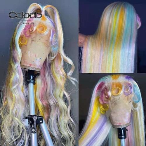 Colored Lace Front Wig Remy Human Hair Highlight Rainbow Lace Front Human Hair Wigs Preplucked Straight Transparent Lace Wigs