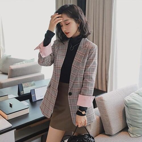 2xl Spring Plaid Jacket Women Retro Korean Coat For Autumn Long Sleeve Ladies Office Suit Women Plaid Blazers And Jackets Mujer