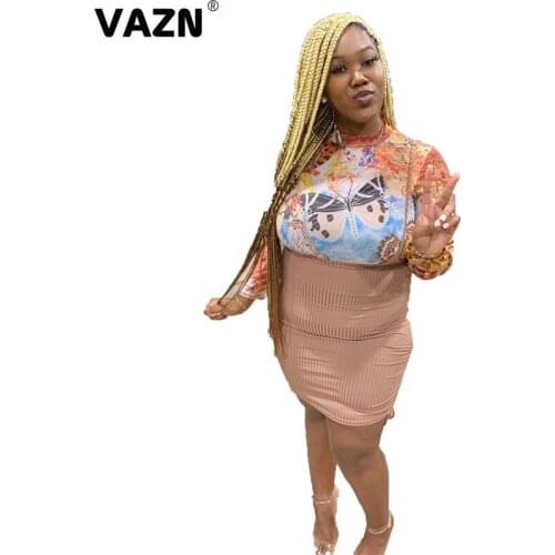 VAZN 2021 Hot Daily Retro Joker Plus Size Sexy Elegant Mature Turtleneck Full Sleeve High Waist Women Thin Mini Dress