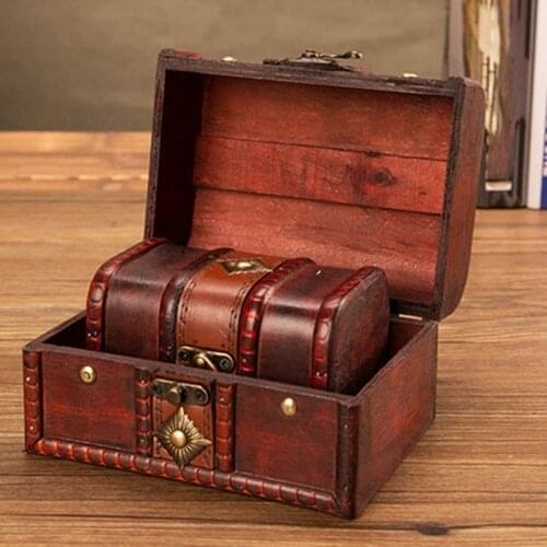 Antique Vintage Wooden Treasure Chest Decorative Wood Jewelry Storage Box with Metal Lock for Pirate Keepsake W3JE