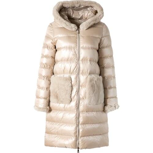 2020 New Real Rabbit Fur Coat 90% White Duck Down Jacket Female Warm Long Down Parka Long Sleeve Zipper Down Coat Snow Outwear