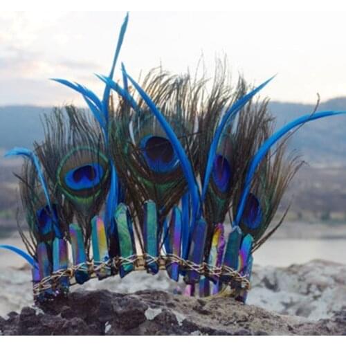 Raw Crystal Crown Peacock Feather Crown Headband Goddess Crown Wicca Party Wedding Accessories Gift