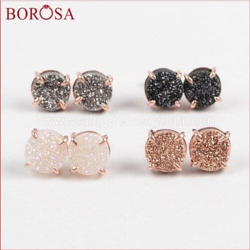 BOROSA 1Pair 10mm Round Rose Gold Claw Titanium Rainbow Natural Druzy Stud Earrings New Stylish Earring for Women Girls ZG132