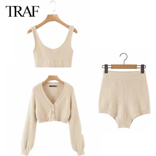TRAF Za 2021 Vintage Set Long Sleeve Cardigan Single-breasted Button Tank Top Mini Shorts Knitted Sweater Three Piece Suits