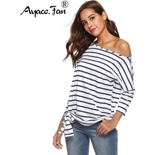 Women Autumn 2019 New Casual Loose Three Quarter Batwing Sleeve T-Shirts Sexy Slash Neck Cotton Tee Shirt Femme Ladies Long Tops