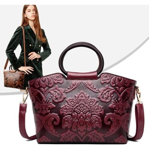 National Style Flower Prints Women Leather Handbags Top Handle Tote Bags for Women Shoulder Bags Woman Handbags and Purses 2021