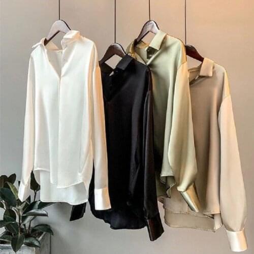 Long-Sleeved Silk Satin Blouses Female Senior Design Autumn New Style With Drape Retro Loose Y2K Top Shirt Plus size top XXXL