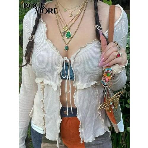 Rockmore Fairy Grunge Knit Top Cardigan Women Tie Up Patchwork T-shirt Y2K Long Sleeve Tee Casual Streetwear Solid V-neck 2021