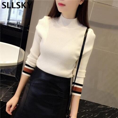 Sllsky New Knitted Turtleneck Women Sweater long sleeve Stripe Pullovers High Elasticity Soft Warm Silm Female Sweater Tops