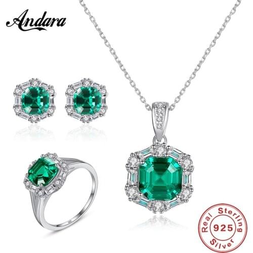 New 100% 925 Sterling Silver Jewelry Sets Fashion Round Green Gem Necklaces Earrings Rings for Women Wedding Jewelry