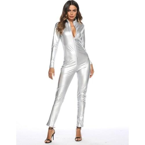 Women Glossy PU Leather Jumpsuit Sexy Lingerie Bodysuit Erotic Latex Catsuit Double Zipper Soft Bodycon Leotard