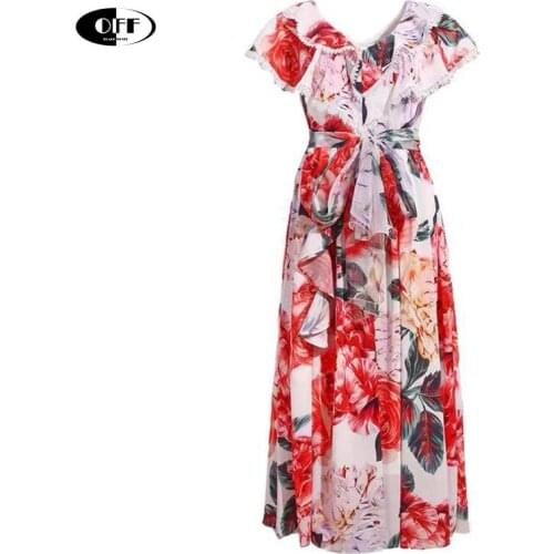 Designer Runway Fashion Summer Midi Dress Women V-neck Elegant Lace Up Ruffles Floral Beach Holiday Zevity Lady Dresses Vestidos
