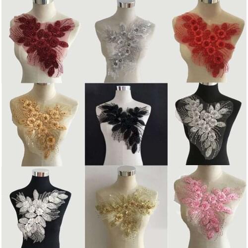 1Pc 32.2X31.5CM 8Color Lace Applique Beaded 3D Flower Applique Embroidery Lace Trim Fabric Cloth Sewing Patchwork DIY Craft