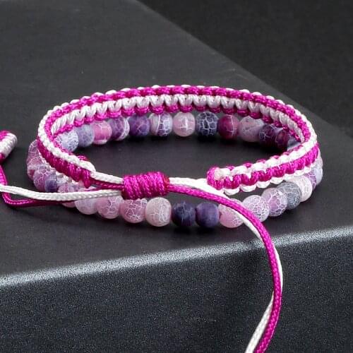 2pcs/set Purple Weathered Agates Bracelets Colorful Lucky Thread Braided Bangles Charm Stretch Beaded Bracelet for Women Jewelry