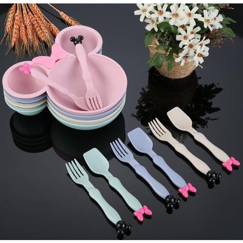 Safety Baby Wheat Straw Tableware Minnie Mickey Feeding Bowl Fork Spoon Chopsticks Baby Feeding Set Microwave Available BPA Free