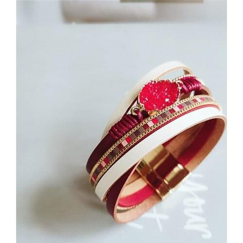 PU Leather Bracelets for Women 2020 Trendy Metal Crystal Wide Multilayer Wrap Bracelet Female Jewelry