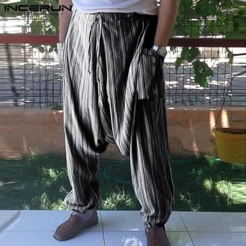 INCERUN Striped Drop Crotch Harem Pants Men Baggy Hip-hop Ethnic Style Joggers 2019 Vintage Trousers Mens Pants Streetwear 5XL 7