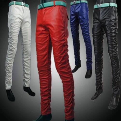 Fold motorcycle faux leather pants men casual trousers pu feet pants for men fashion tight-fitting pantalon homme autumn winter