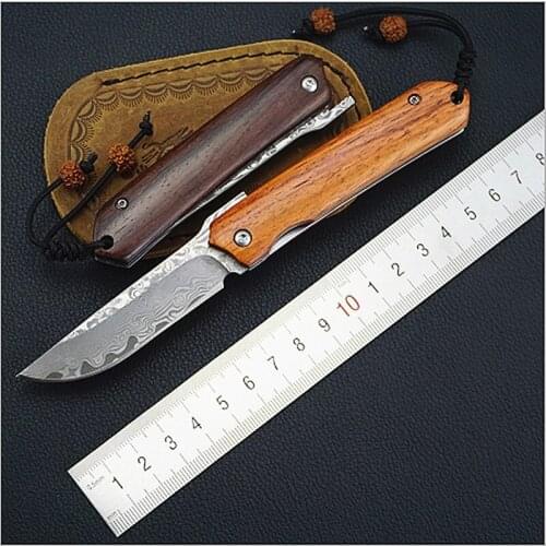 KESIWO Damascus blade wood handle folding knife pocket survival camping hunting knives Key chain outdoor fishing EDC hand tools