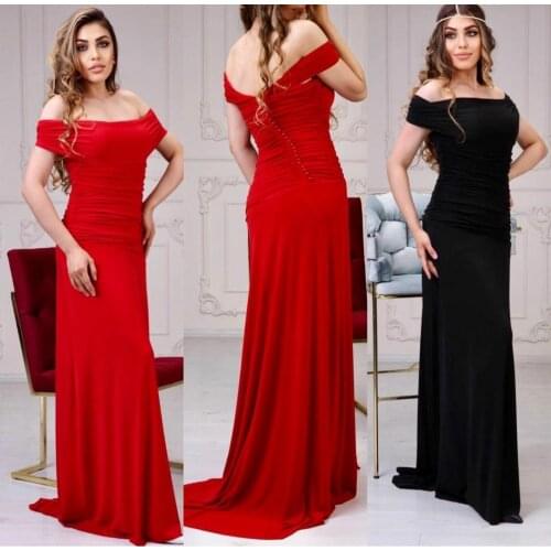 Long Red Off Shoulder Satin Muslim Evening Dresses Mermaid Buton Back Floor Length Pleated Robes De Mariée Party Gowns For Women