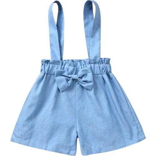 Breathable Little Girls Suspender Shorts, Summer Sweet Style Toddlers Solid Color Bow Decoration Overalls Short Trousers 6M-5T