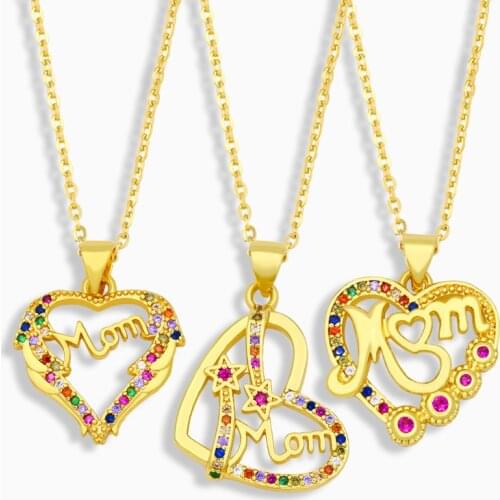FLOLA Multicolor Heart Mom MaMa Necklace For Women Gold Plated Pendant Necklace CZ Wholesale Jewelry Mothers Day Gift nkeu84