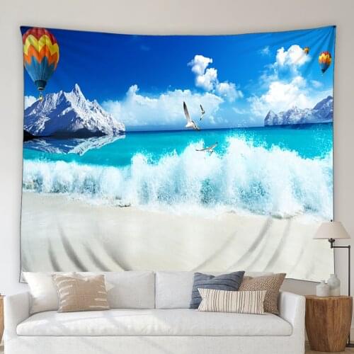 Ocean Beach Landscape Tapestry Blue Ocean Waves Hot Air Balloon Summer Scenery Living Room Mural Wall Hanging Blanket Picnic Mat
