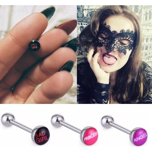 Smooth Letter Princess Logo Tongue Rings Stainless Steel Tongue Piercing Rings for Bars Girls Quality Body Jewelry Barbell Bar
