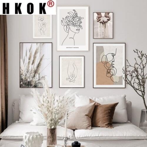 HKOK Trendy Beige Boho Style Sketch Figure Abstract Canvas Paintings Wall Art Pictures Living Room Home Interior Decora No Frame