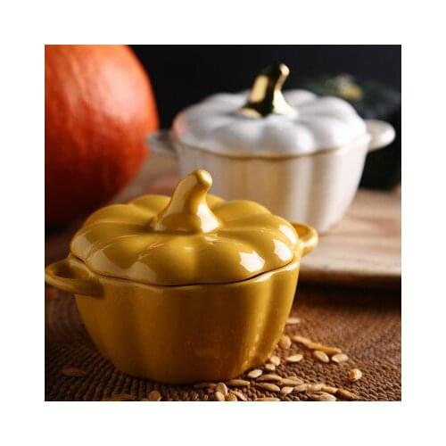 Ceramic Pumpkin Breakfast Bowl Porcelain Household Gilded Baking Bowl Stoneware Lid Cover