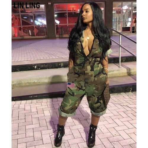 LINLING Lapel Zipper Short Sleeve Print Camouflage Design Breathable Pocket Loose Versatile 5-piece Jumpsuit