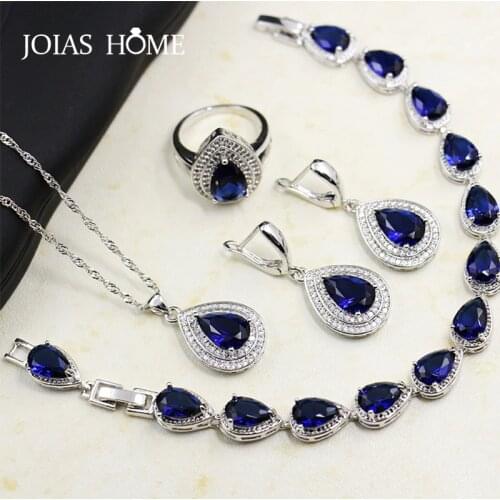 JoiasHome Fashion 925 Sterling Silver Jewelry Set Blue Sapphire Gemstones Heart Shaped Drops Bridal Accessories 4pcs/Lot