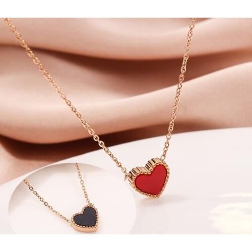 Korean Style Simple Double Side Black Red Heart Shape Pendant Women Necklace Ladies Fashion Stainless Steel Necklaces Jewelry
