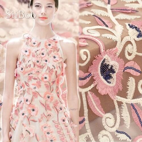 American style luxury 3D pink floral sequence embroidery mesh lace fabric for wedding party dress net lace tissue tecidos SP5157