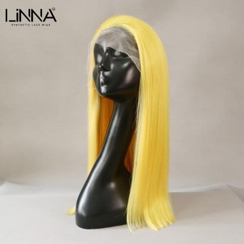 LINNA Long Straight Synthetic Lace Front Wig For Women Yellow Blonde 20 Inch High Temperature Fiber Wigs Can Be Permed Cosplay
