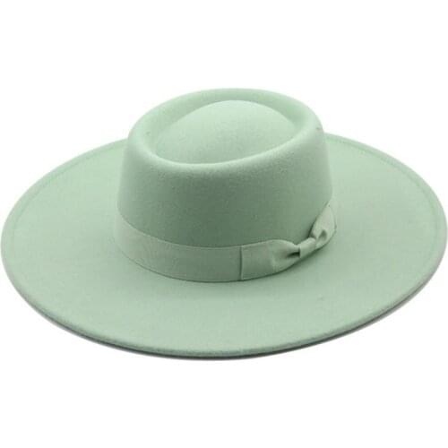 News Women Flat Top 9.5 CM Wide Brim Fake Wool Fedora Hat Lady Church Wedding Party Vintage Jazz Hat British Panama Fedora Cap