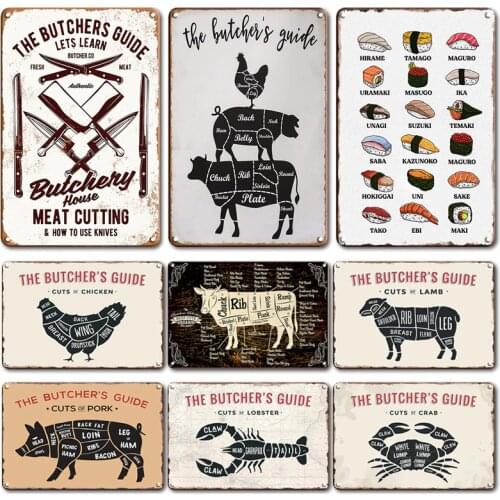Cuts Of Pork Duck Fish Tin Sign Vintage The Butchers Guide Metal Plate Decor Plaques Retro Kitchen Meat Shop Decoration Signs