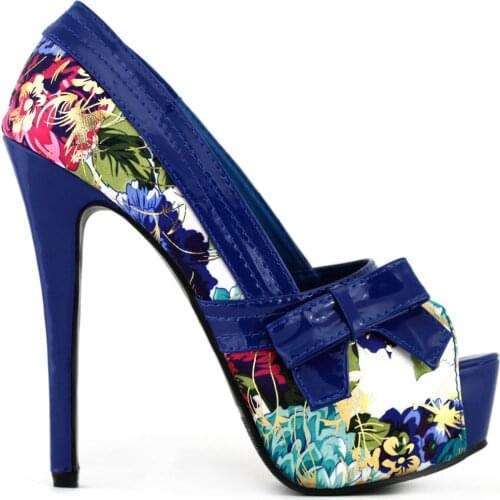 LF80824 Blue/Teal Floral Pattern Bow Peeptoe Platform Party Pumps
