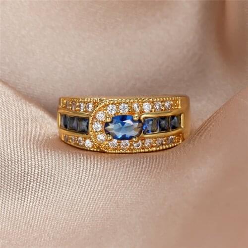 Luxury Male Female Blue Crystal Stone Ring 18KT Yellow Gold Wedding Thin Rings For Women Men Big Geometric Engagement Ring