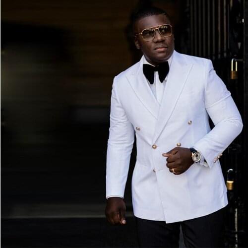 Double Breasted Slim Fit Mens Tuxedos White Jacket Black Pants Peaked Lapel Groomsmen Wear