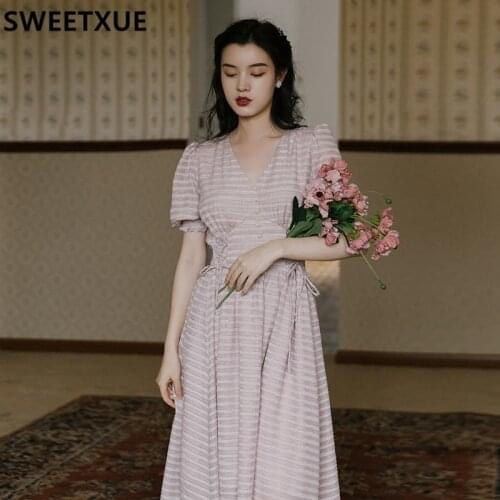 SWEETXUE 2021 Summer Elegant French Jacquard Puff Sleeve Long Dress V-neck Women Vintage Female Casual Holiday Lady Vestidos