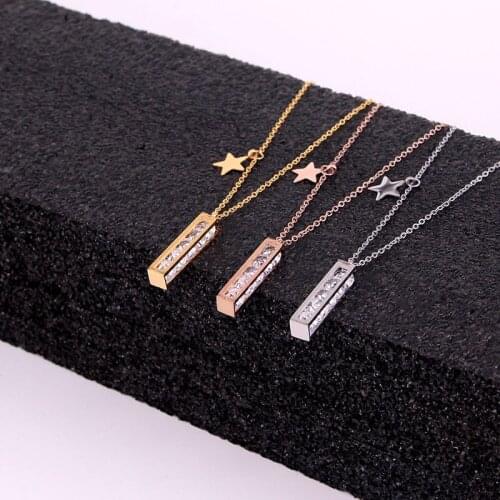 Fashion Stainless Steel Love Cubic Zirconia Geometric Cube Star Pendant Necklaces Rose Gold Color Women Female Gift