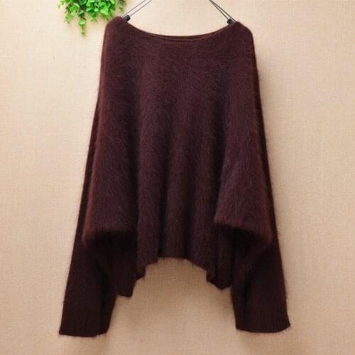 Female women fashion brown hairy mink cashmere knitted crop top short style loose pullover angora fur lazy oaf jumper sweater