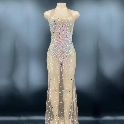 2020 Womens Birthday Outfits See Through Nude Mesh Sequin Dress Backless Evening Prom Costume Singer Gogo Stage Dresses VDB2305